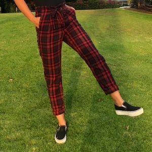 Plaid red pants from free people tie up.